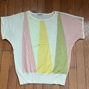 Vintage knit short sleeve blouse with pastel color block stripes